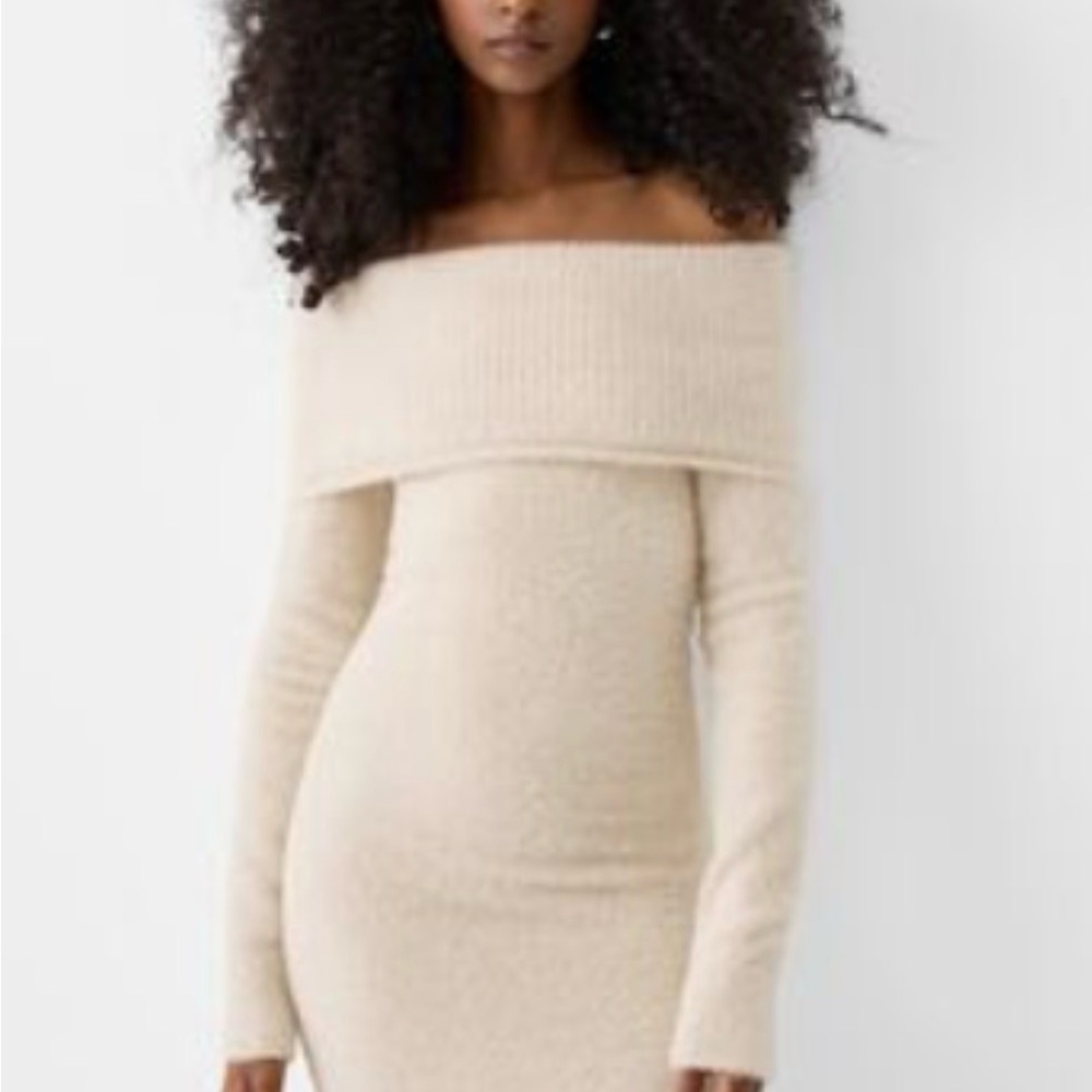 Bershka Off-Shoulder Bardot Cream Knit Dress